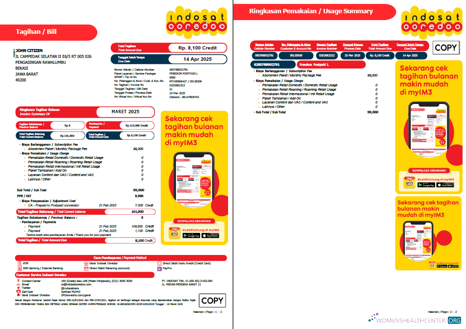 download Indonesia Indosat Ooredoo utility bill template in Word and PDF formats, 2 pages PDF template